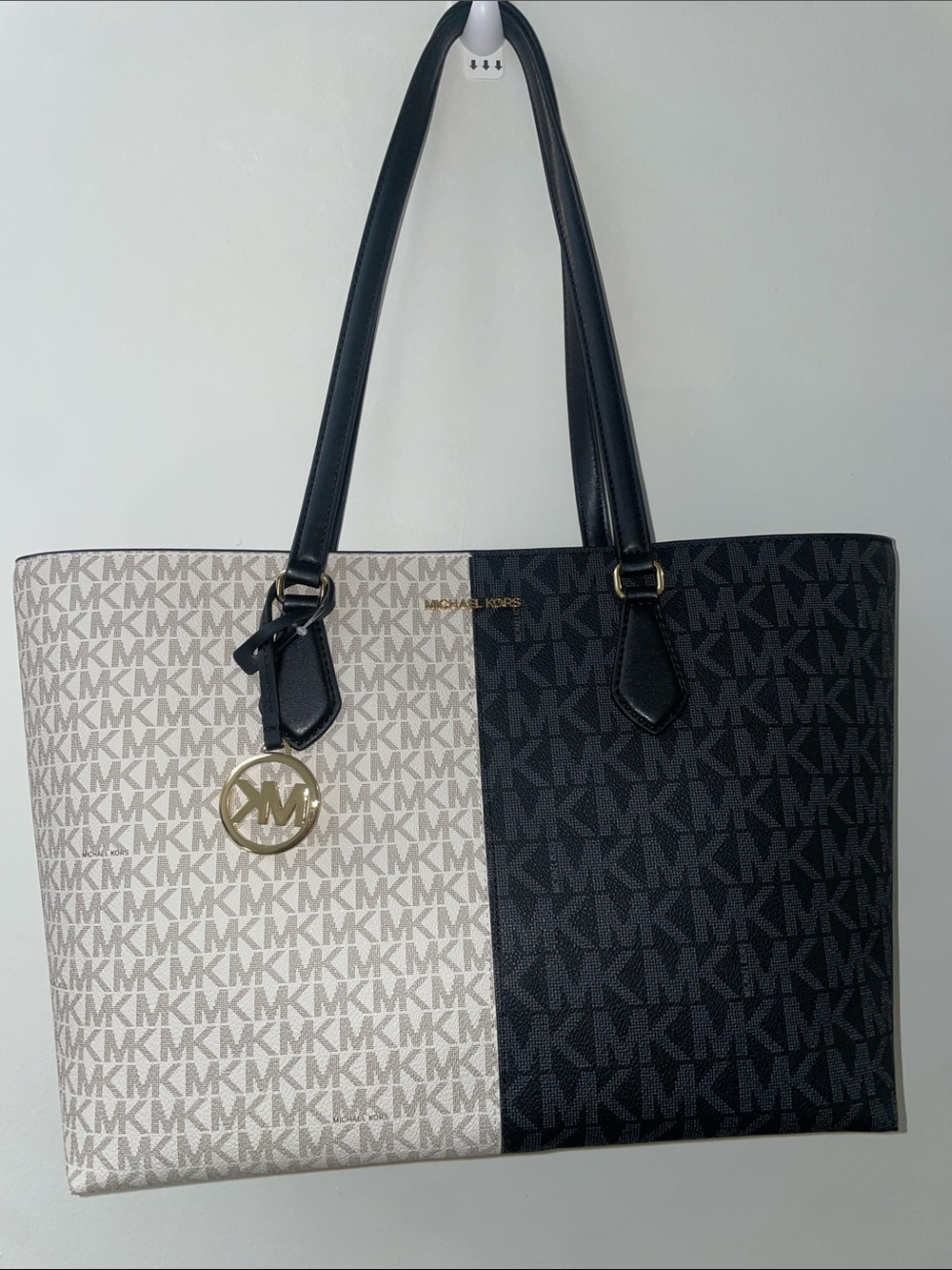 Michael Kors Two-Tone Black & Cream Signature Tote with MK Charm